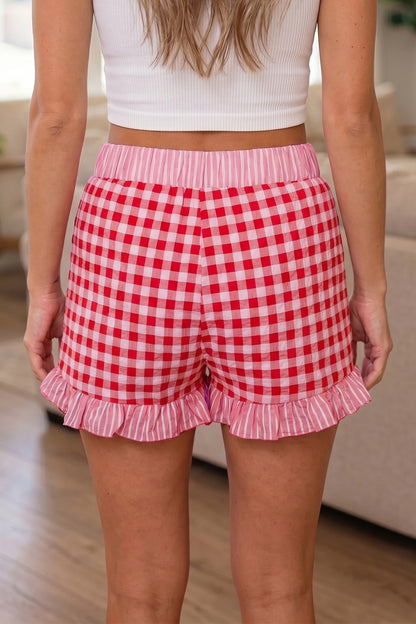 Pink Gingham Print Ruffle Striped Detail Lace Tie Shorts