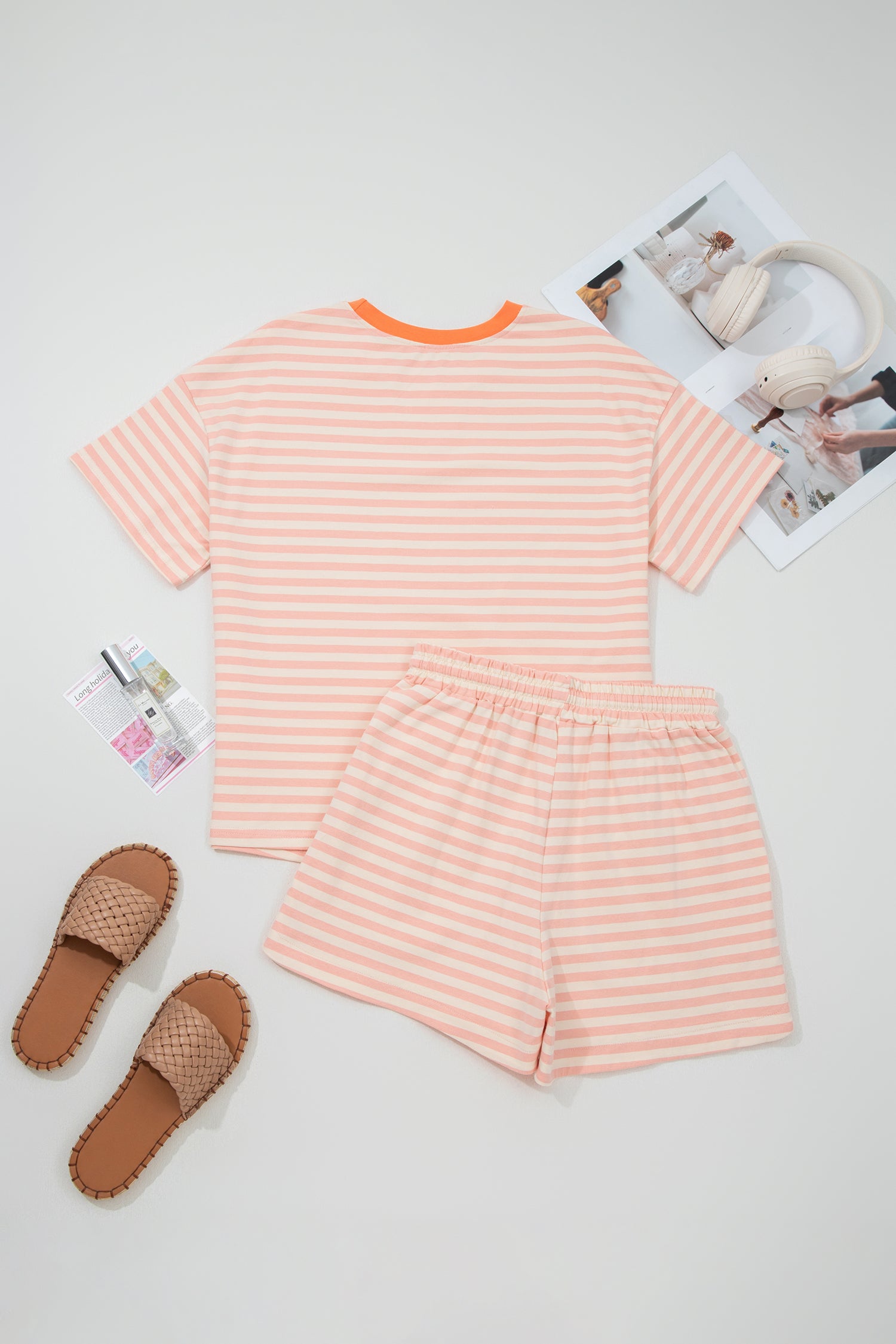 Sky Blue Stripe Contrast Neck Loose Tee and Drawstring Set