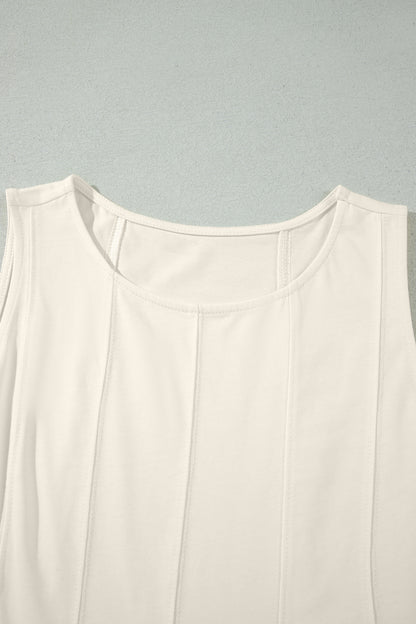 Beige Stitched Detail Loose Tank Top Cotton 2pcs Short Set