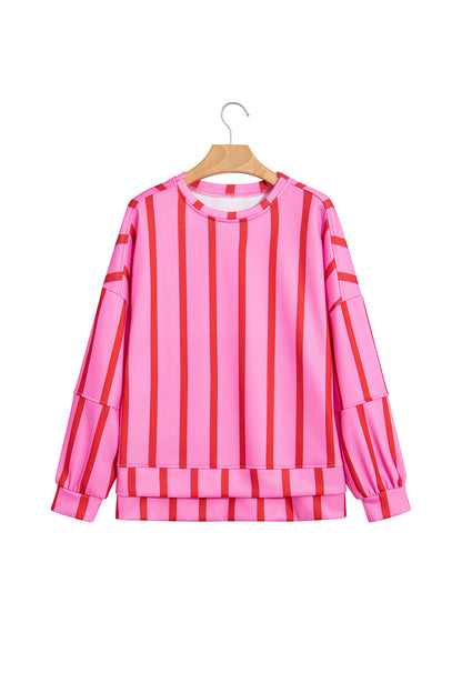 Pink Stripe Dropped Shoulder Round Neck Casual Sweatshirt