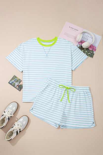 Sky Blue Stripe Contrast Neck Loose Tee and Drawstring Shorts Set