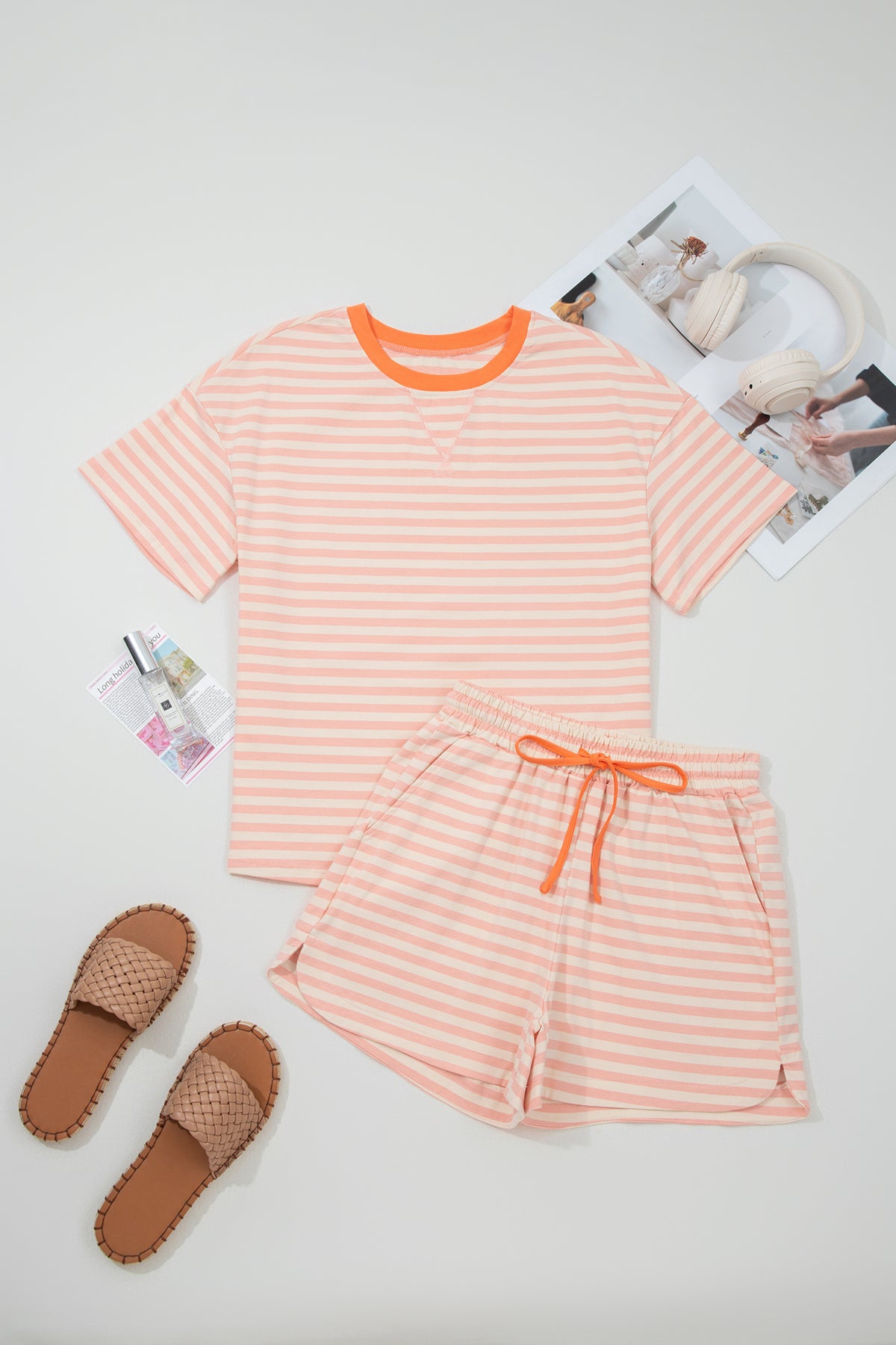 Sky Blue Stripe Contrast Neck Loose Tee and Drawstring Shorts Set
