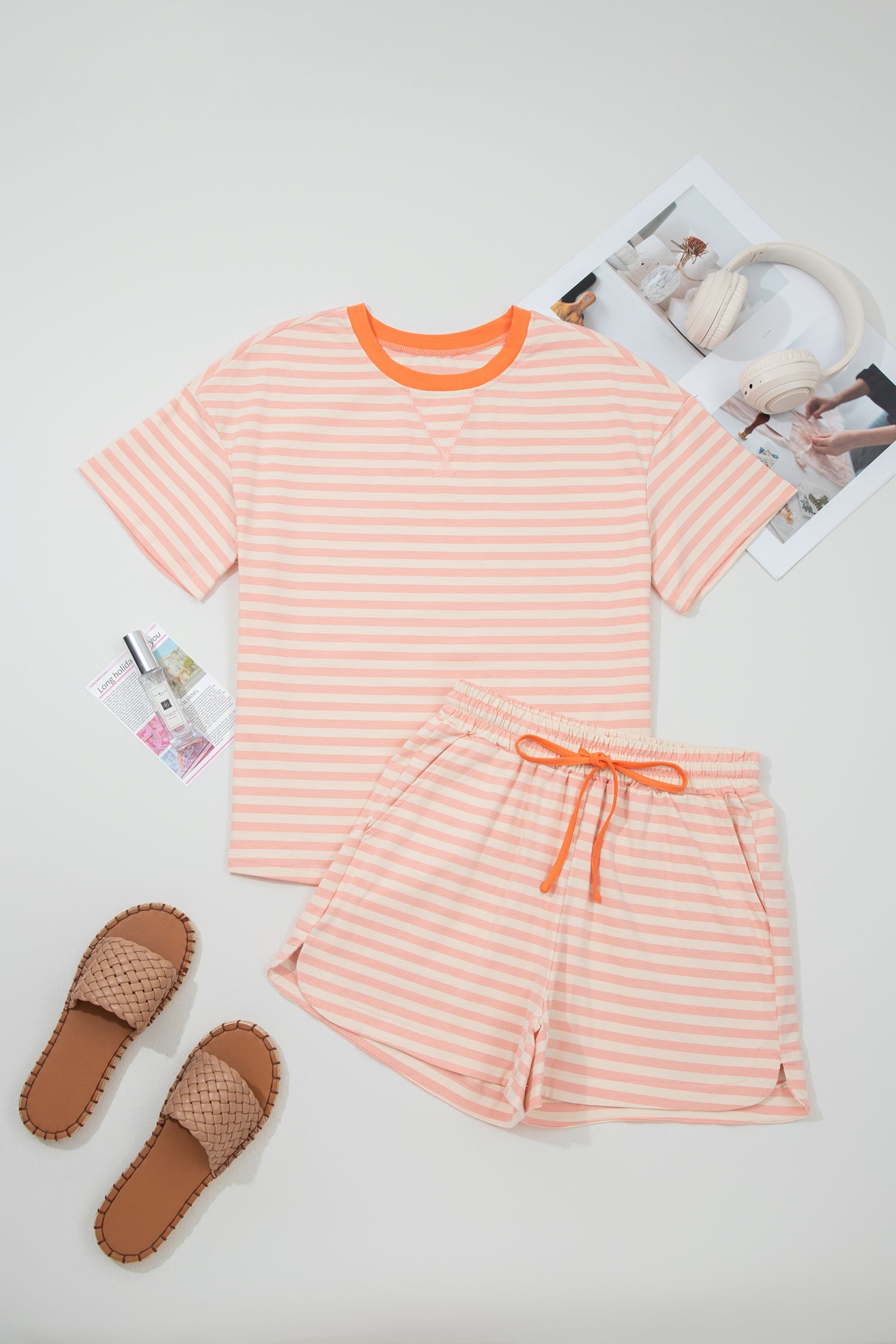 Sky Blue Stripe Contrast Neck Loose Tee and Drawstring Set