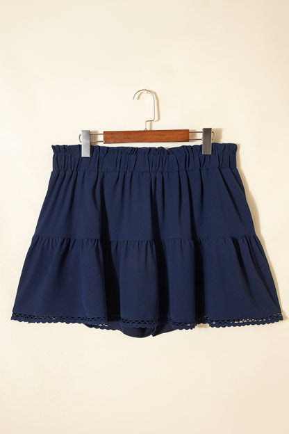 Black Plus Size Frilled Elastic Waist Lace Trim Boho Ruffled Shorts