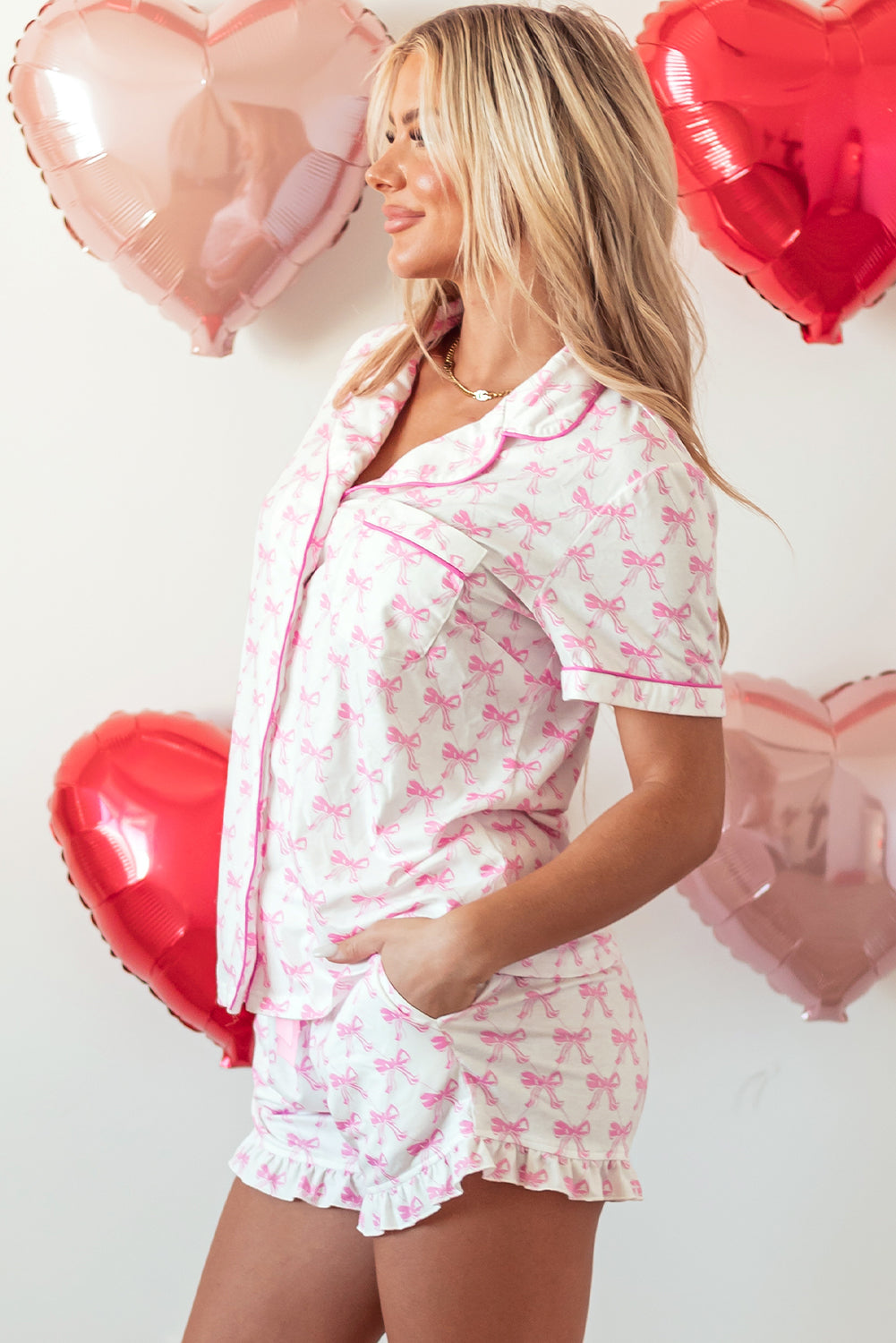 Pink Bowknot Printed Short Sleeve and Ruffled Pajama Set