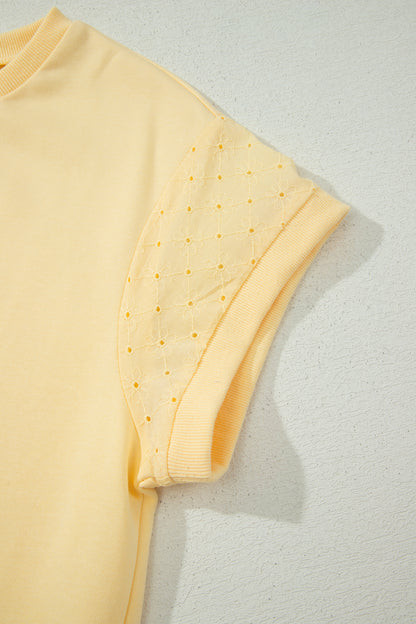 Yellow  Eyelet Lace Patchwork Sleeve Short 2pcs Outfit