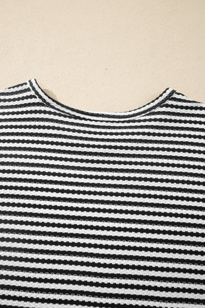 Black Stripe Breathable Textured Knit Short 2pcs Set