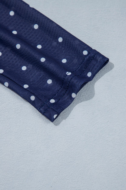Blue Off Shoulder Polka Dot Mesh Long Sleeve Sheath Top