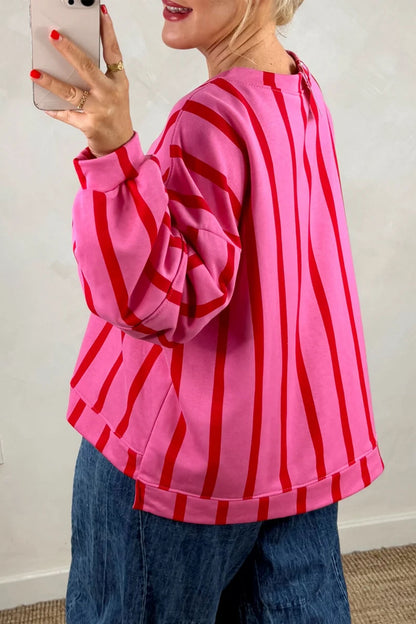 Pink Stripe Dropped Shoulder Round Neck Casual Sweatshirt