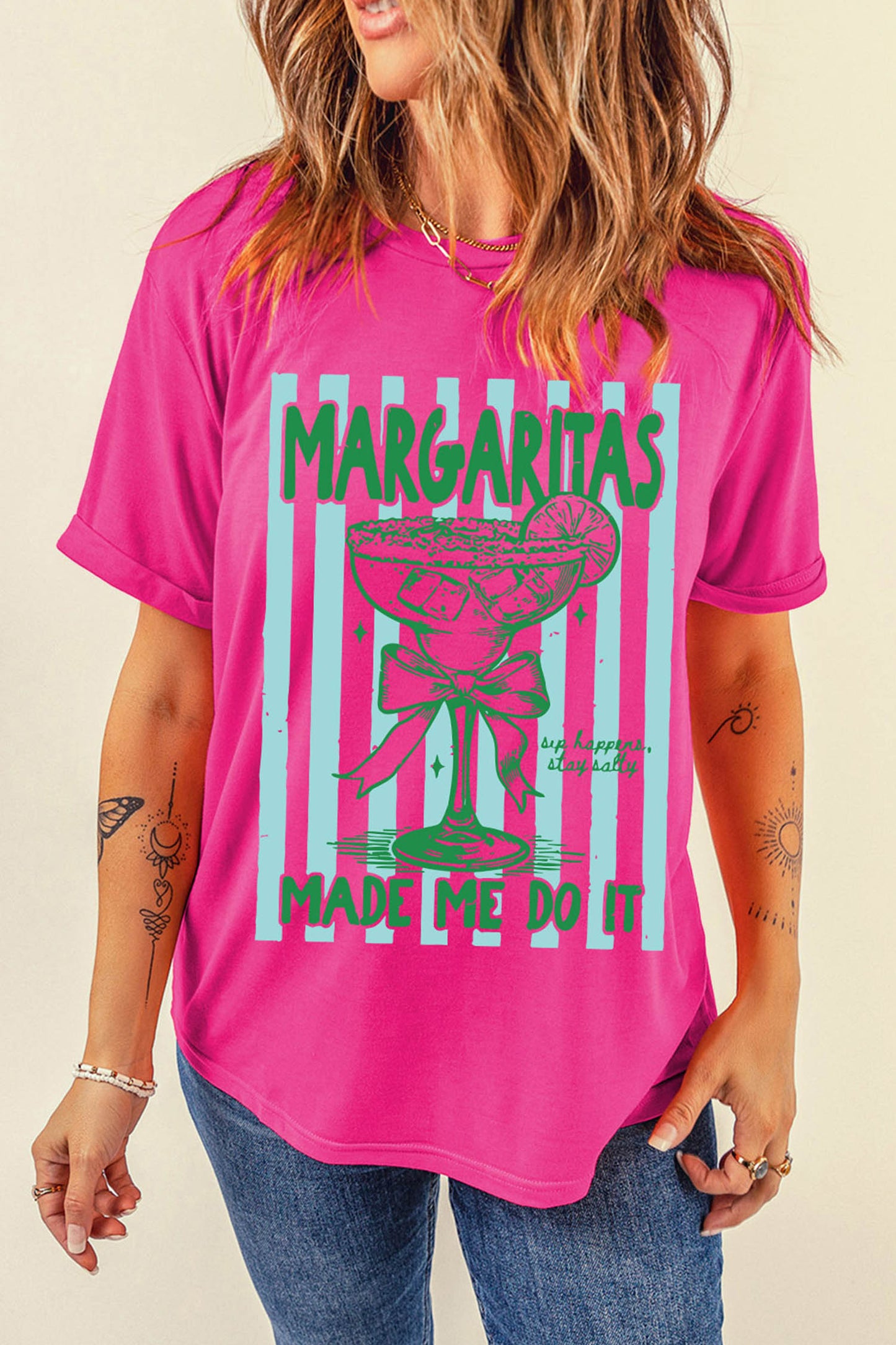 Rose Red Margaritas Made Me Do It Striped Graphic Beach Vacation Tee