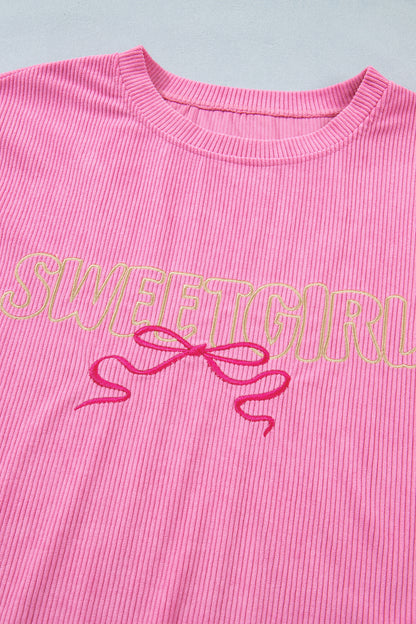 Bonbon Sweet Girl Embroidered Graphic Rib Textured Top