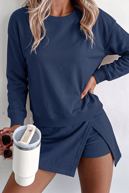 Parchment Solid Color Long Sleeve Top Split Skort 2pcs Outfit