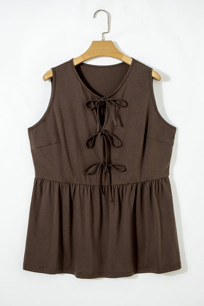 Blue Sapphire Plus Size Solid Color Bow Tie Peplum Tank Top