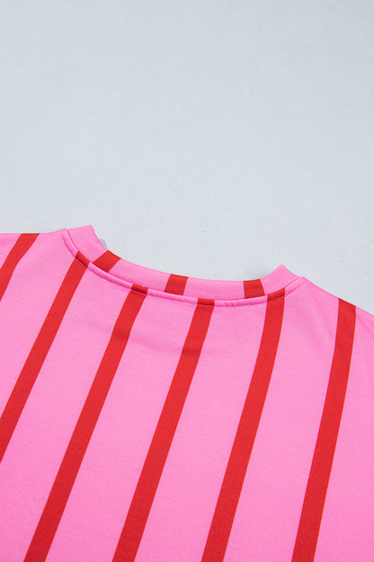 Pink Stripe Dropped Shoulder Round Neck Casual Sweatshirt