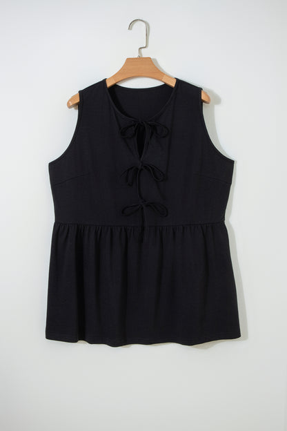 Blue Sapphire Plus Size Solid Color Bow Tie Peplum Tank Top