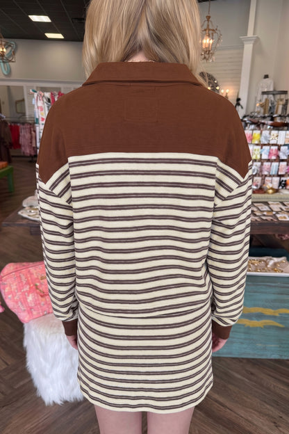 Brown Stripe Contrast Trim Button Neck Long Sleeve Top Drawstring Mini Skirt Set