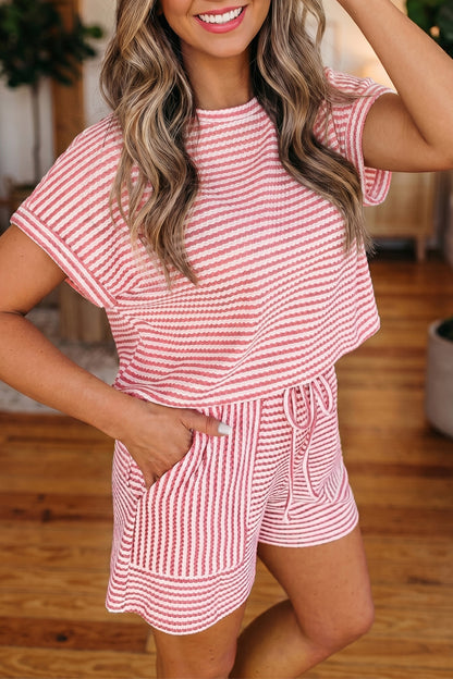 Black Stripe Breathable Textured Knit Short 2pcs Set
