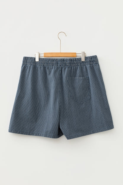 Sky Blue Stripe Plus Size Contrast Drawstring Elastic Waist Denim Shorts
