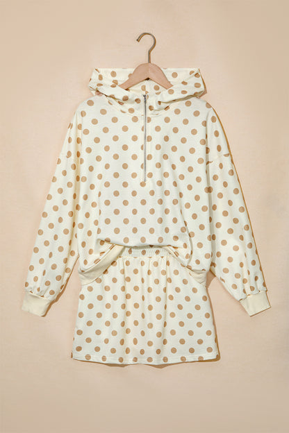 Khaki Polka Dot Hooded Long Sleeve Top Casual Mini Skort Set