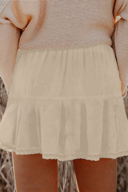 Black Plus Size Frilled Elastic Waist Lace Trim Boho Ruffled Shorts
