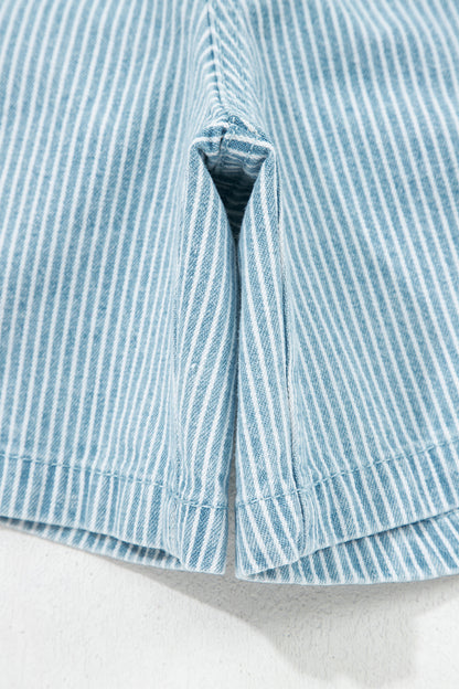 Sky Blue Stripe Plus Size Contrast Drawstring Elastic Waist Denim Shorts