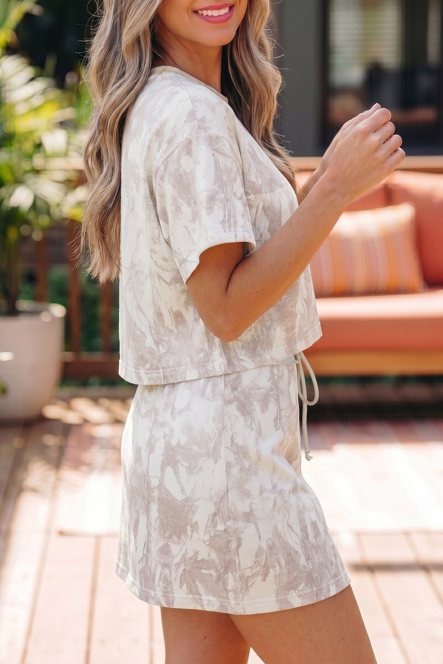 Gray Woodland Camo Print Raw Edge Cropped Top Skirt Set