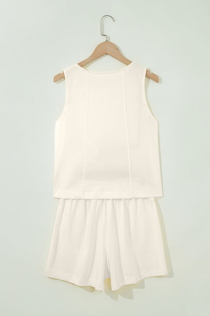Beige Stitched Detail Loose Tank Top Cotton 2pcs Short Set