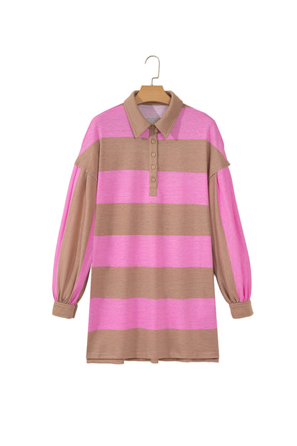 Rose Stripe Striped Button Long Sleeve Short Shift Dress