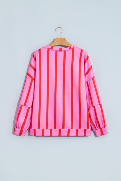 Pink Stripe Dropped Shoulder Round Neck Casual Sweatshirt
