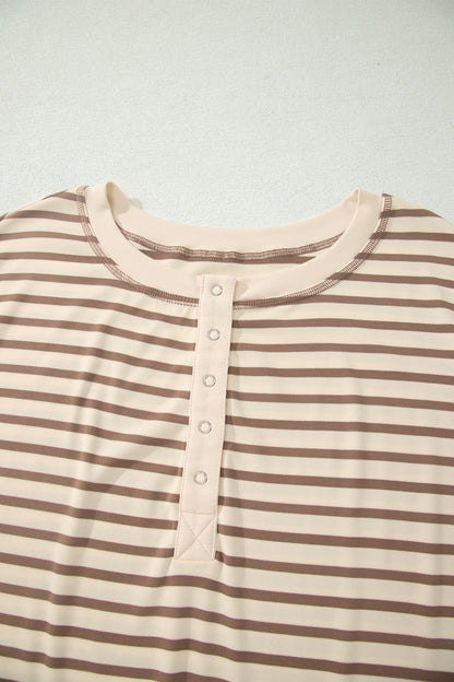 Brown Stripe Plus Size Half Buttons Top and Shorts Set