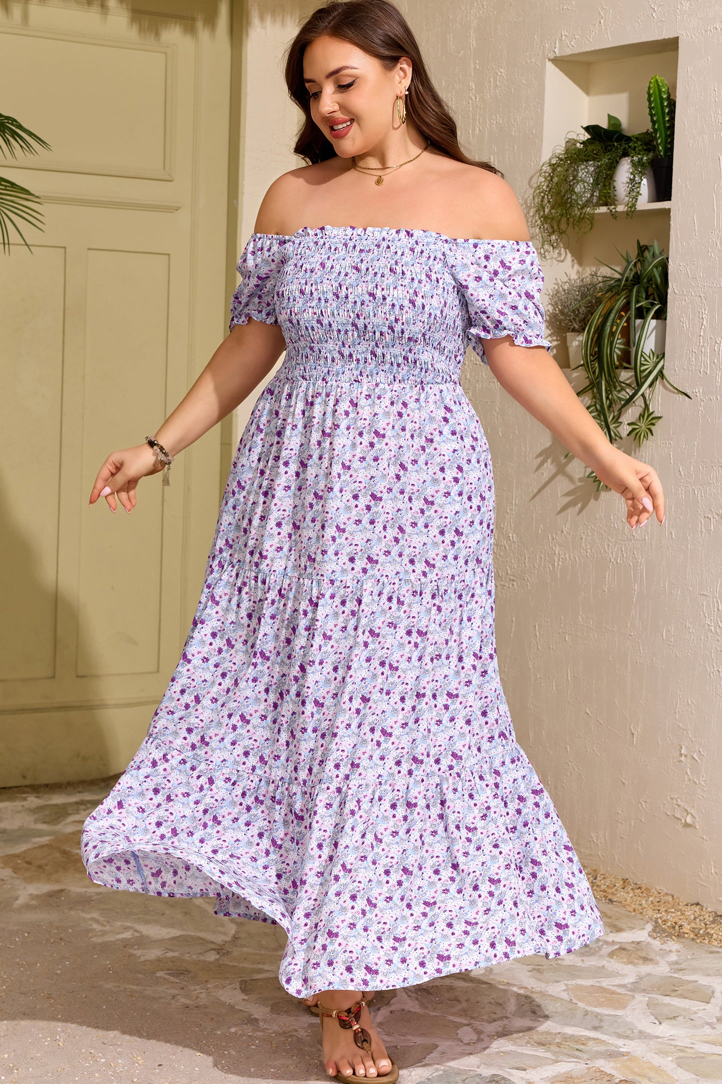 Purple Plus Size Floral Print Square Neck Smocked Maxi Dress