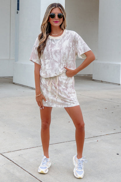 Gray Woodland Camo Print Raw Edge Cropped Top Skirt Set