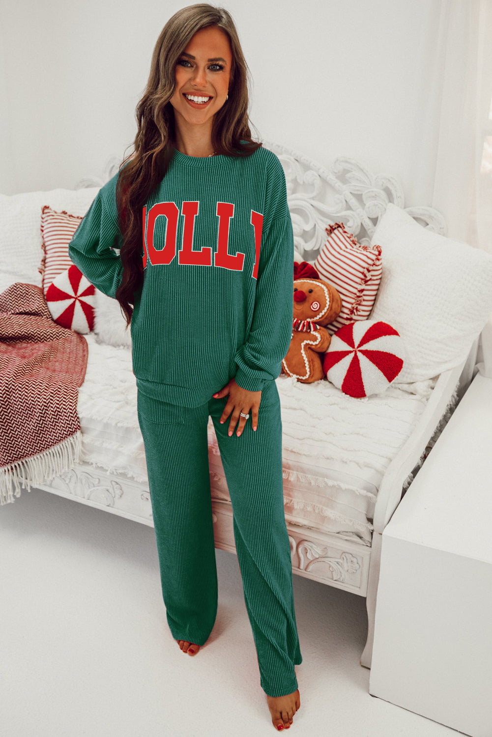 Dark Green MERRY Corded Long Sleeve Top and Pockets Pants Set